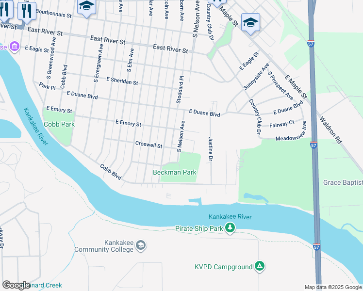 map of restaurants, bars, coffee shops, grocery stores, and more near 1067 South Nelson Avenue in Kankakee