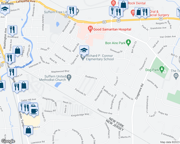map of restaurants, bars, coffee shops, grocery stores, and more near 192 Doxbury Lane in Suffern