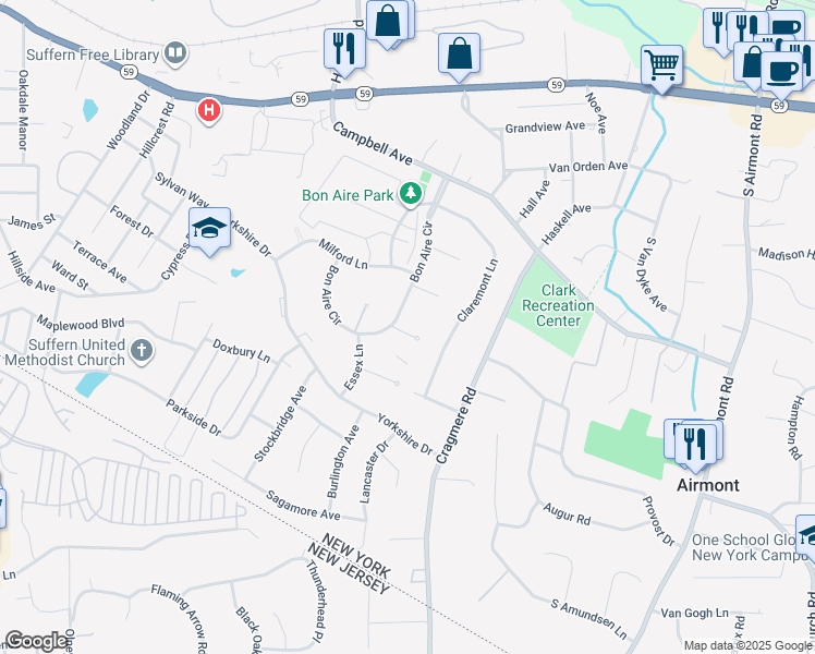 map of restaurants, bars, coffee shops, grocery stores, and more near 1 Danbury Court in Suffern