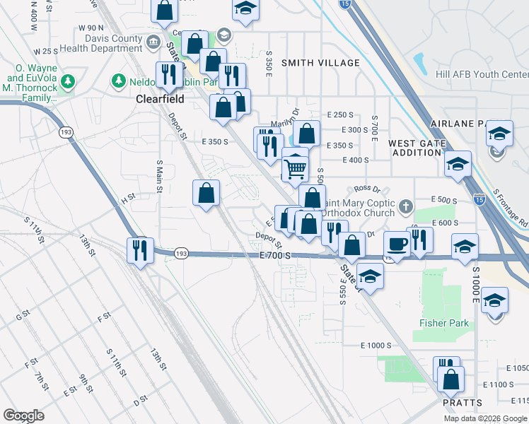 map of restaurants, bars, coffee shops, grocery stores, and more near 518 South 450 East in Clearfield