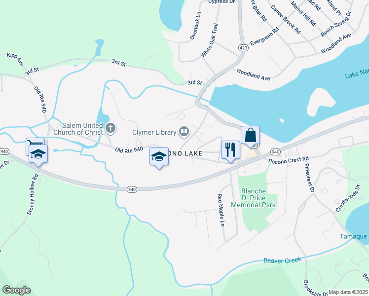 map of restaurants, bars, coffee shops, grocery stores, and more near 106 Firehouse Road in Pocono Pines
