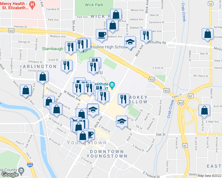 map of restaurants, bars, coffee shops, grocery stores, and more near 524 Wick Ave in Youngstown