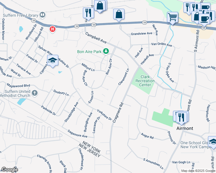 map of restaurants, bars, coffee shops, grocery stores, and more near 10 Lenox Court in Suffern