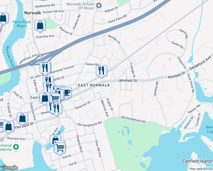 map of restaurants, bars, coffee shops, grocery stores, and more near 1 Carlson Court in Norwalk
