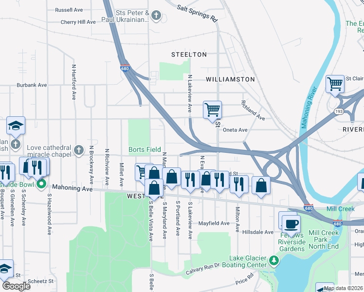 map of restaurants, bars, coffee shops, grocery stores, and more near 1732 Silliman Street in Youngstown