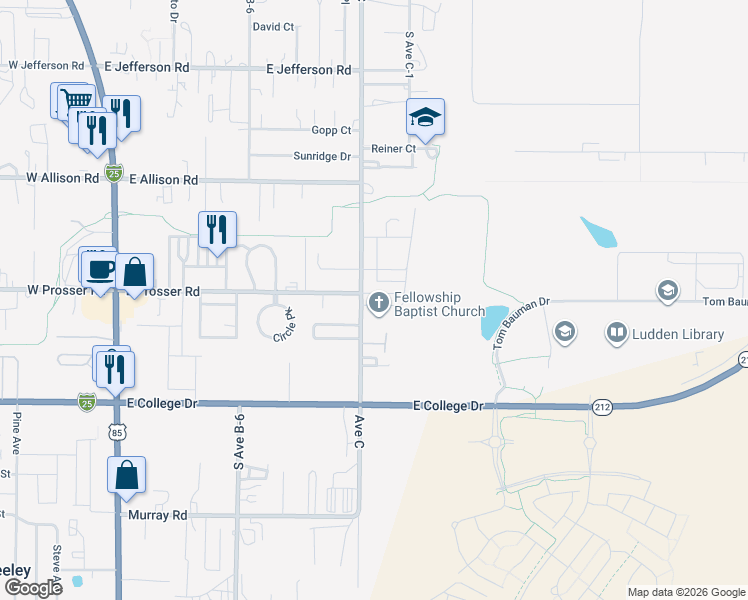 map of restaurants, bars, coffee shops, grocery stores, and more near 1201-1299 Ave C in Cheyenne