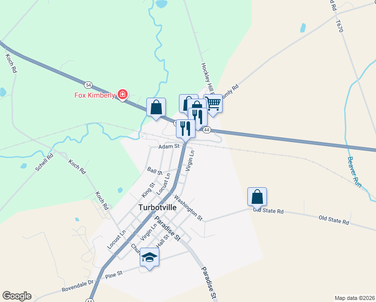 map of restaurants, bars, coffee shops, grocery stores, and more near 4745 Pennsylvania 54 in Turbotville