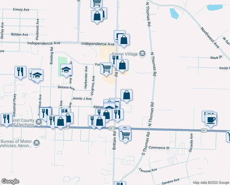 map of restaurants, bars, coffee shops, grocery stores, and more near 1578 Brittain Road in Akron