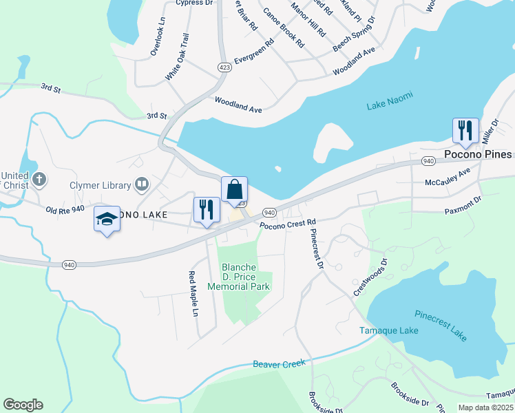 map of restaurants, bars, coffee shops, grocery stores, and more near 1921 Pennsylvania 940 in Pocono Pines