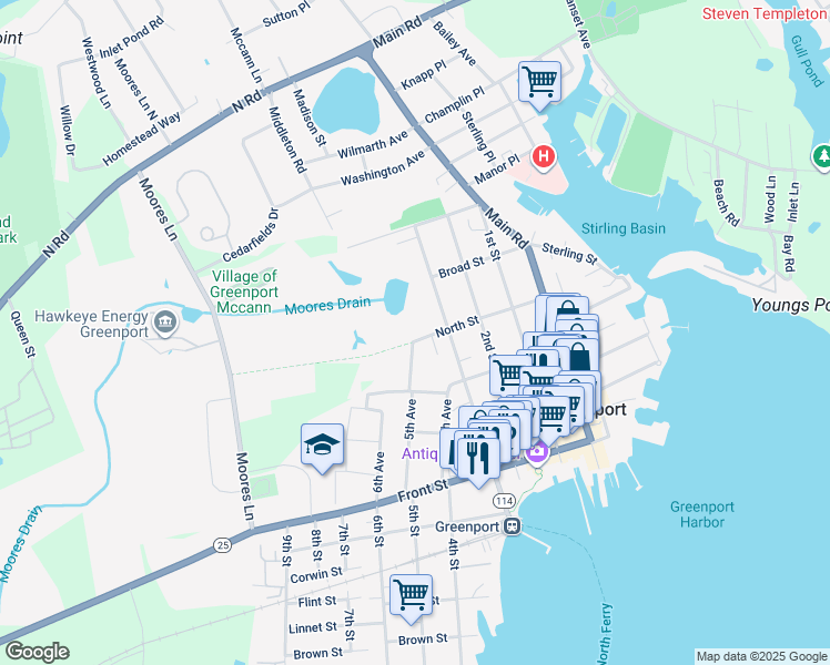 map of restaurants, bars, coffee shops, grocery stores, and more near 318 North Street in Greenport