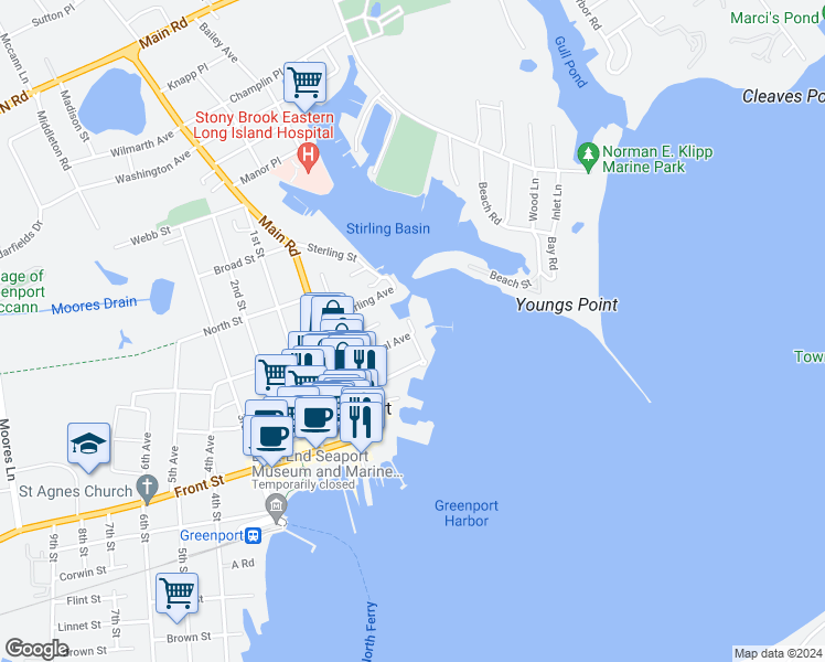 map of restaurants, bars, coffee shops, grocery stores, and more near 20E Stirling Cove in Greenport
