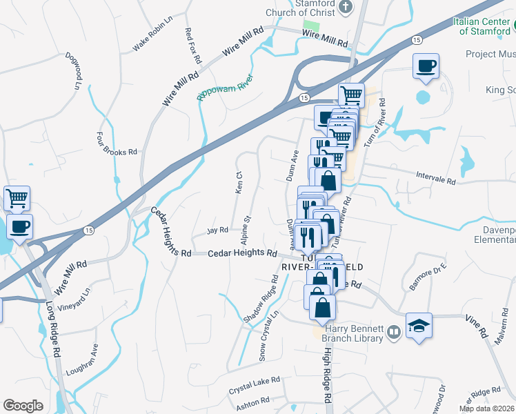 map of restaurants, bars, coffee shops, grocery stores, and more near 136 Alpine Street in Stamford