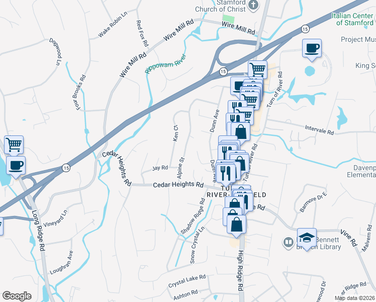 map of restaurants, bars, coffee shops, grocery stores, and more near 136 Alpine Street in Stamford