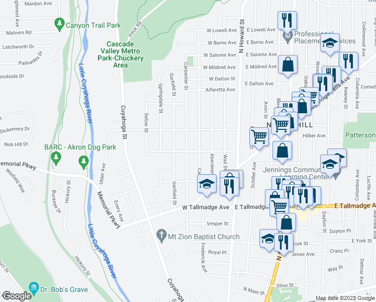 map of restaurants, bars, coffee shops, grocery stores, and more near 117 Edward Avenue in Akron