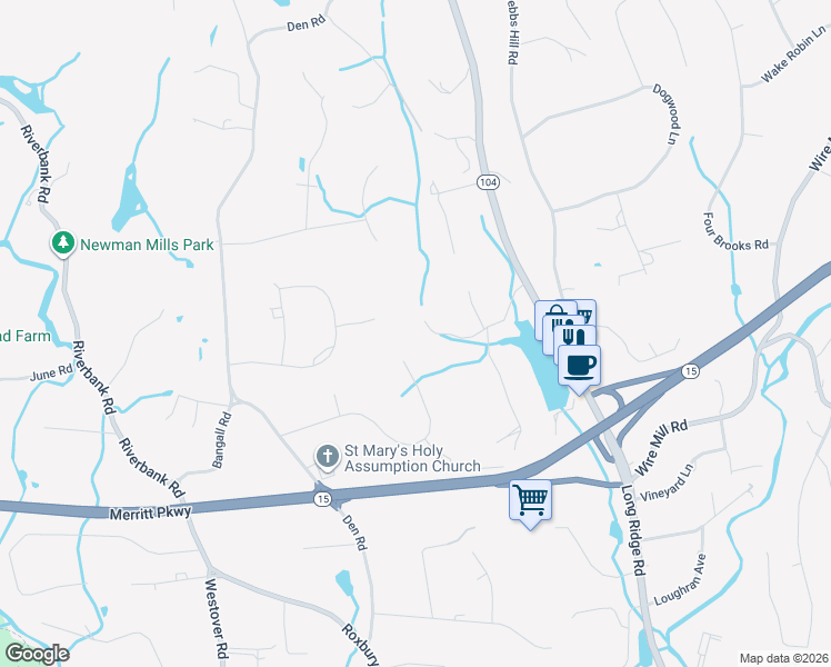 map of restaurants, bars, coffee shops, grocery stores, and more near 98 Northwood Lane in Stamford