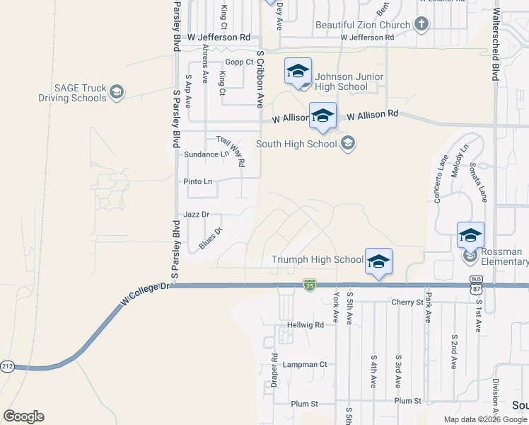 map of restaurants, bars, coffee shops, grocery stores, and more near 1501 Corral Place in Cheyenne