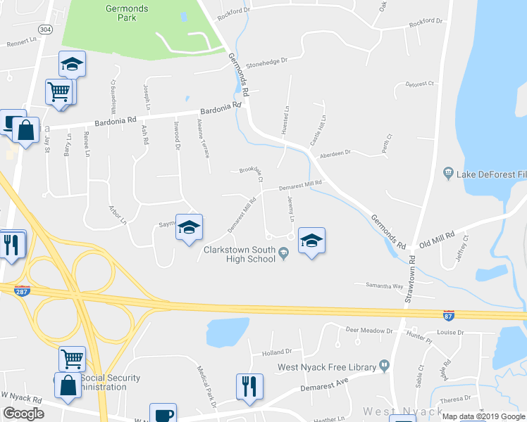 map of restaurants, bars, coffee shops, grocery stores, and more near Demarest Mill Road in West Nyack