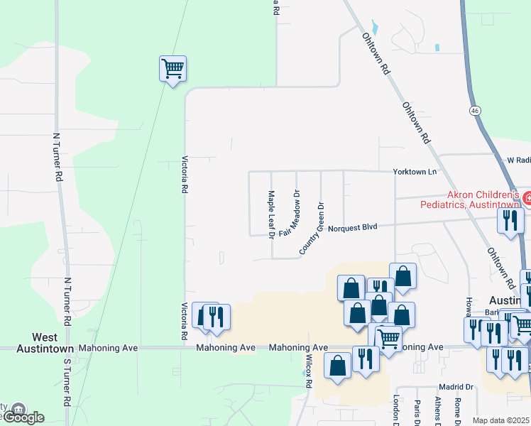 map of restaurants, bars, coffee shops, grocery stores, and more near 152 Maple Leaf Drive in Youngstown