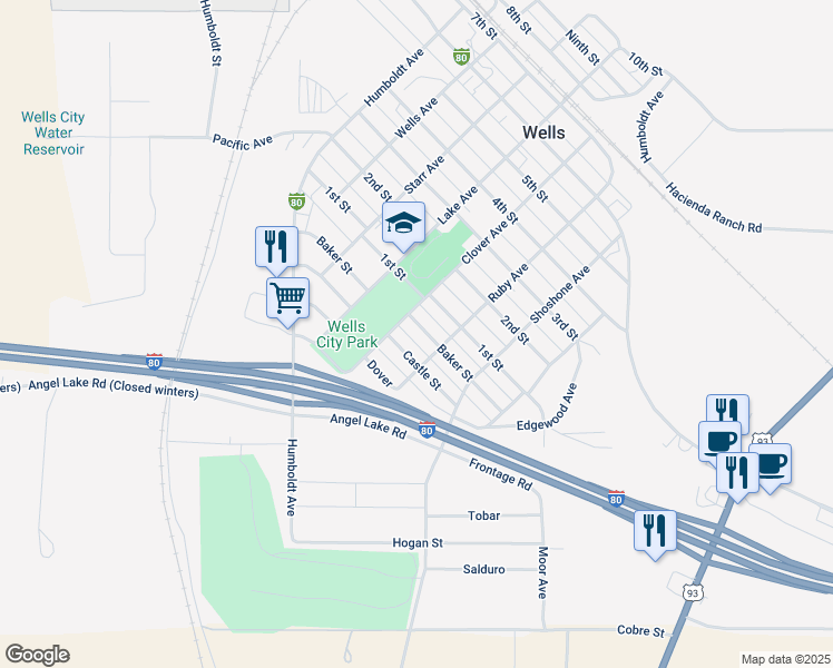 map of restaurants, bars, coffee shops, grocery stores, and more near 541 Baker Street in Wells