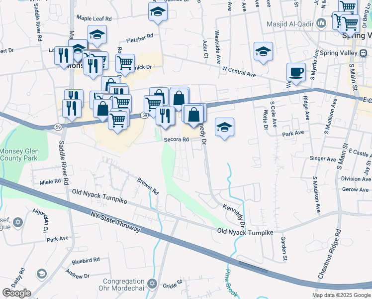 map of restaurants, bars, coffee shops, grocery stores, and more near 2 Secora Road in Spring Valley