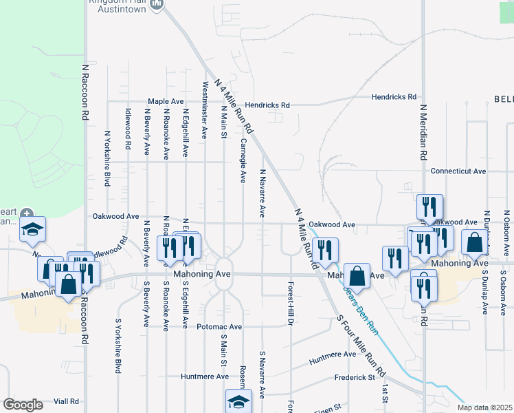 map of restaurants, bars, coffee shops, grocery stores, and more near 133 North Navarre Avenue in Austintown