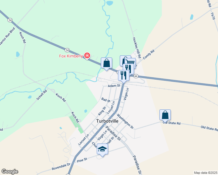 map of restaurants, bars, coffee shops, grocery stores, and more near Adam Street in Turbotville