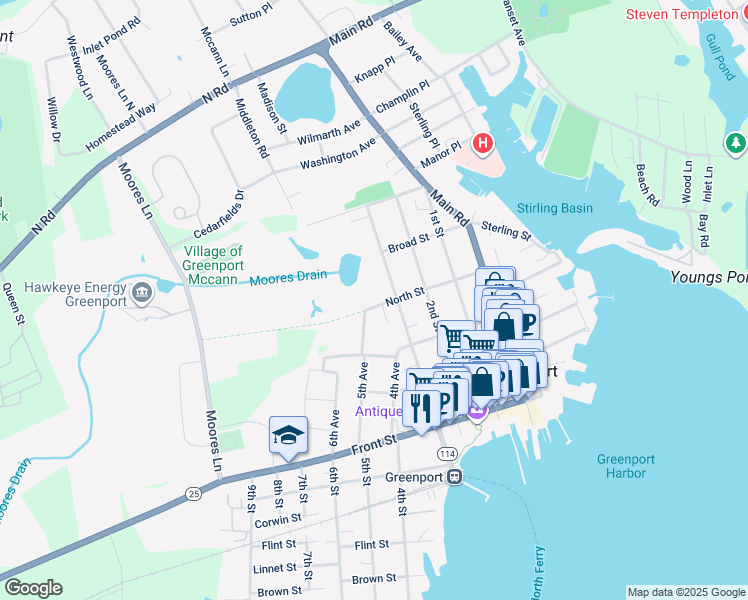map of restaurants, bars, coffee shops, grocery stores, and more near 318 North Street in Greenport