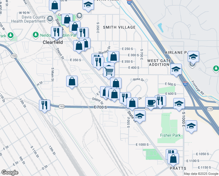 map of restaurants, bars, coffee shops, grocery stores, and more near 550 State Street in Clearfield