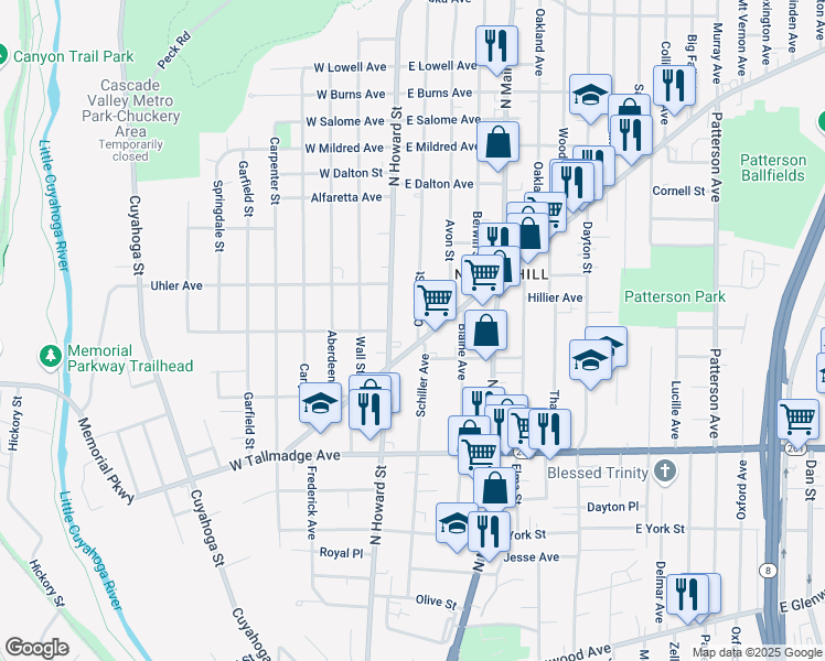 map of restaurants, bars, coffee shops, grocery stores, and more near 748 Chalker Street in Akron