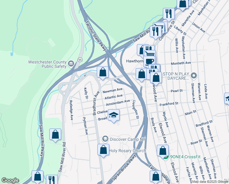 map of restaurants, bars, coffee shops, grocery stores, and more near 85 Newman Avenue in Hawthorne