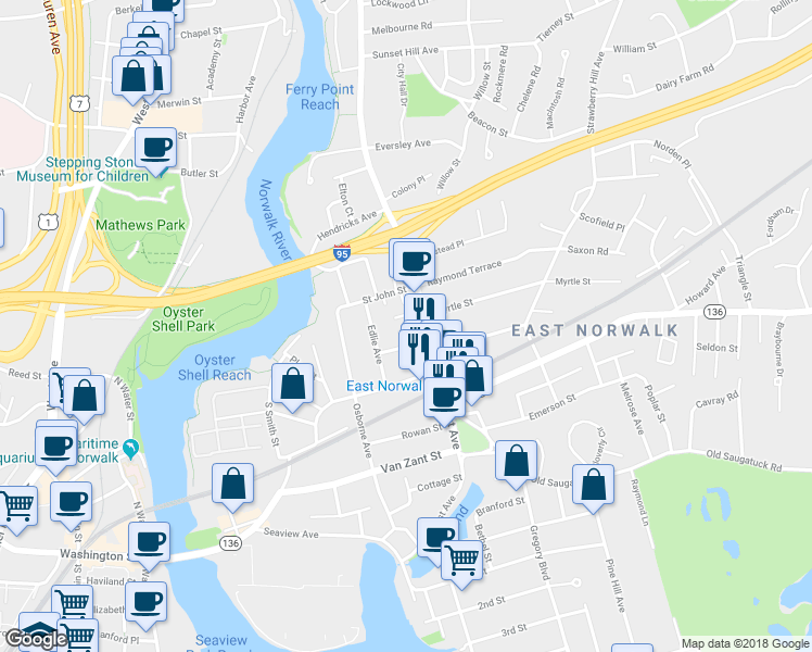 map of restaurants, bars, coffee shops, grocery stores, and more near 208 East Ave in Norwalk