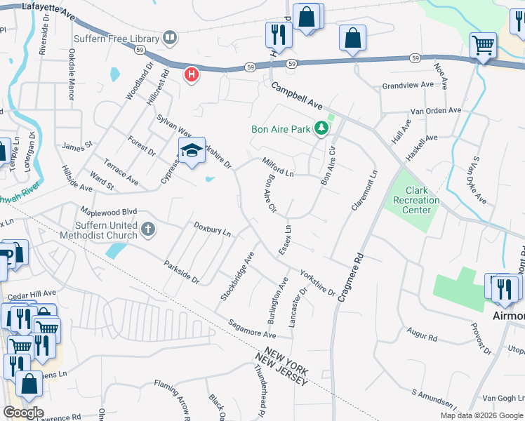 map of restaurants, bars, coffee shops, grocery stores, and more near 66 Bon Aire Circle in Suffern