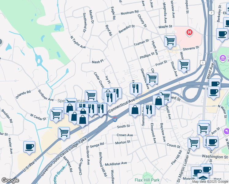map of restaurants, bars, coffee shops, grocery stores, and more near 8 Ivy Place in Norwalk