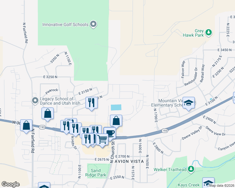 map of restaurants, bars, coffee shops, grocery stores, and more near 3176 North 1450 East in Layton