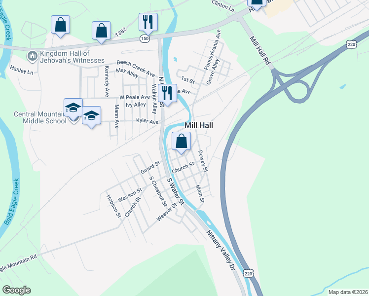 map of restaurants, bars, coffee shops, grocery stores, and more near 20 Main Street in Mill Hall