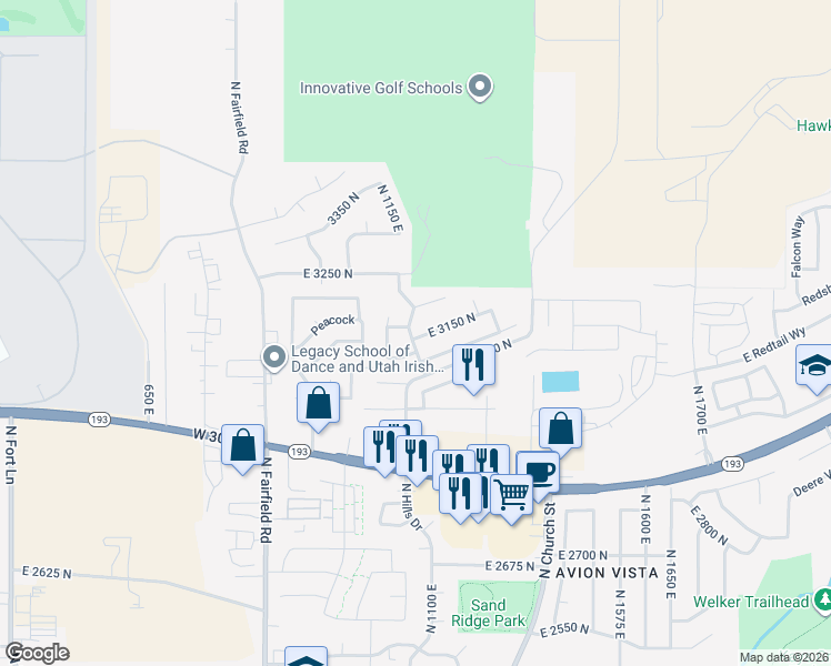 map of restaurants, bars, coffee shops, grocery stores, and more near 1133 East 3150 North in Layton