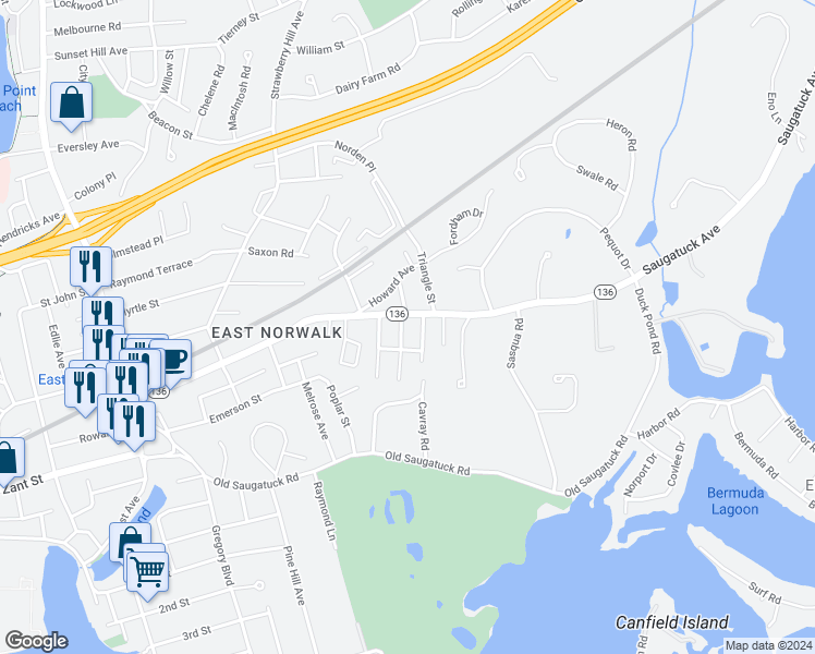 map of restaurants, bars, coffee shops, grocery stores, and more near 3 Amundsen Street in Norwalk
