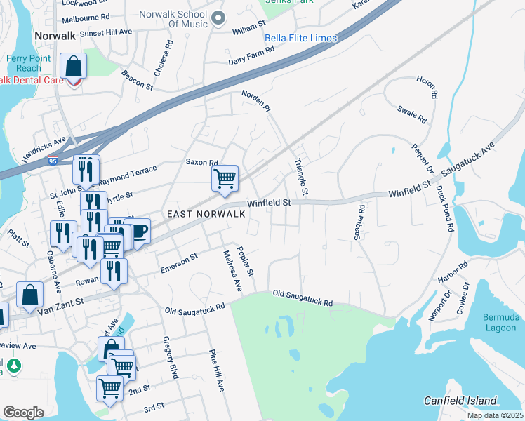 map of restaurants, bars, coffee shops, grocery stores, and more near 88 Winfield Street in Norwalk