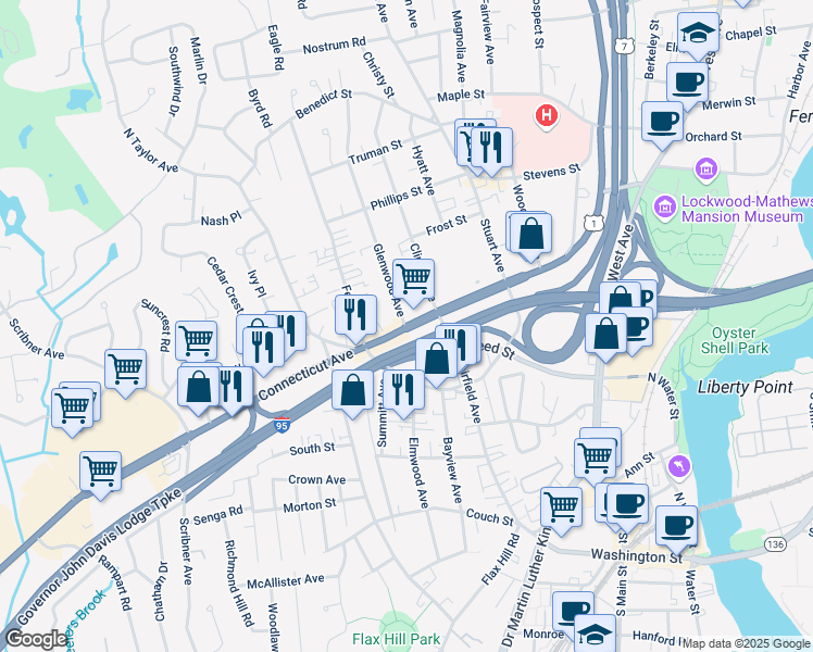 map of restaurants, bars, coffee shops, grocery stores, and more near 120 Connecticut Avenue in Norwalk