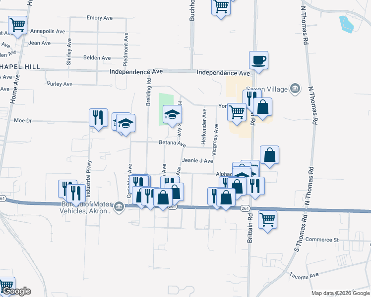 map of restaurants, bars, coffee shops, grocery stores, and more near 1370 Betana Avenue in Akron