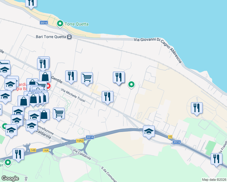 map of restaurants, bars, coffee shops, grocery stores, and more near 3 Via Moisè Maldacea in Bari