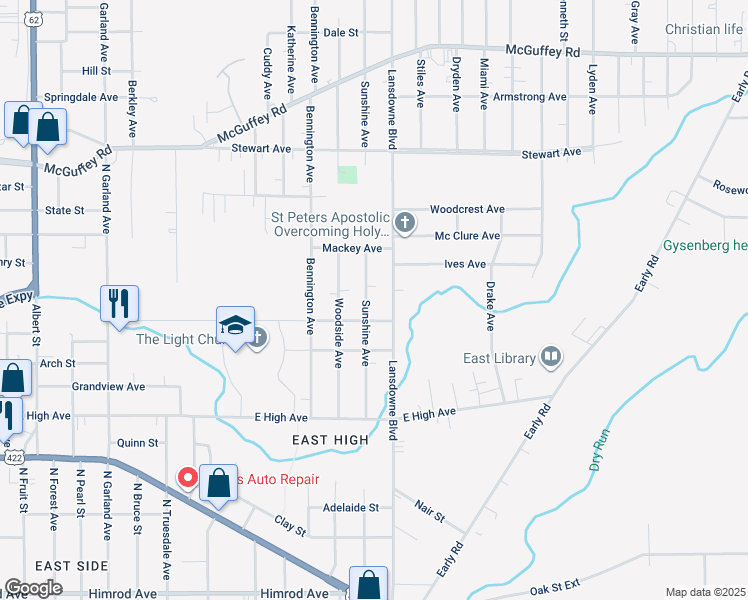 map of restaurants, bars, coffee shops, grocery stores, and more near 526 Sunshine Avenue in Youngstown