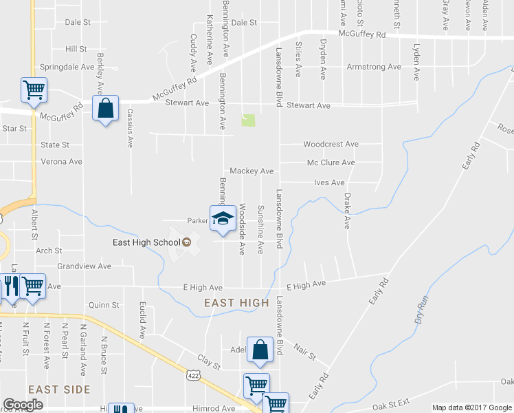 map of restaurants, bars, coffee shops, grocery stores, and more near 526 Sunshine Avenue in Youngstown