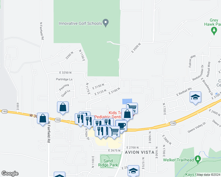 map of restaurants, bars, coffee shops, grocery stores, and more near 1321 East 3125 North in Layton