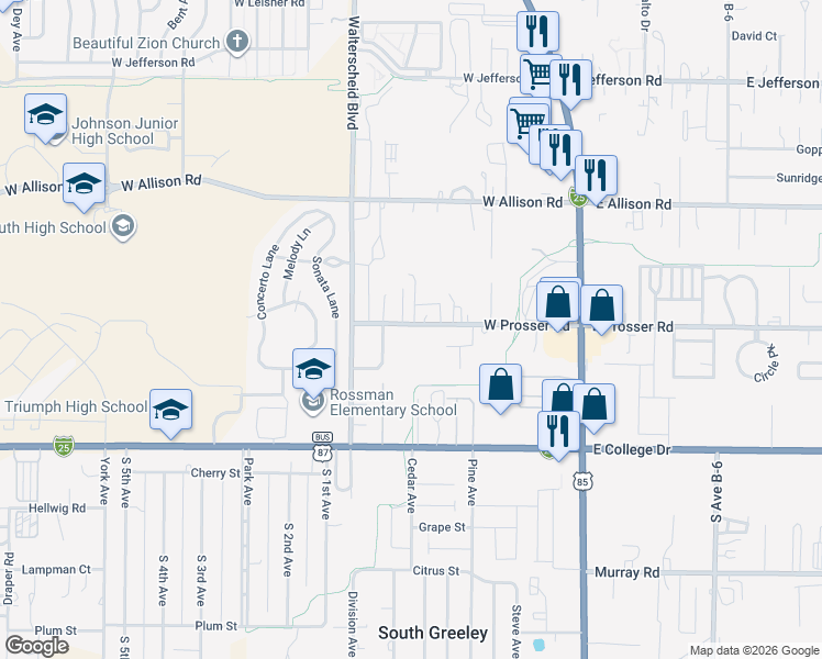 map of restaurants, bars, coffee shops, grocery stores, and more near 512 West Prosser Road in Cheyenne