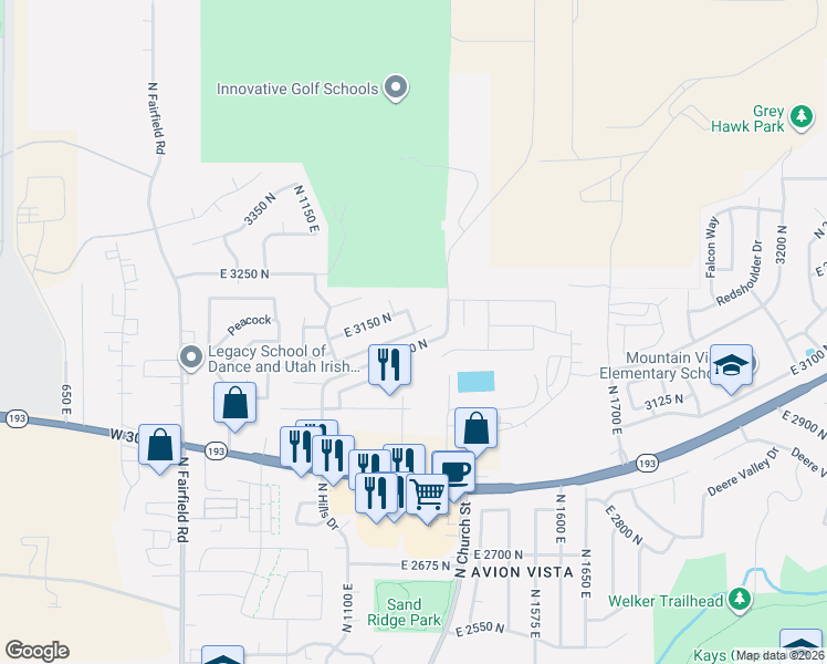 map of restaurants, bars, coffee shops, grocery stores, and more near 1321 East 3125 North in Layton