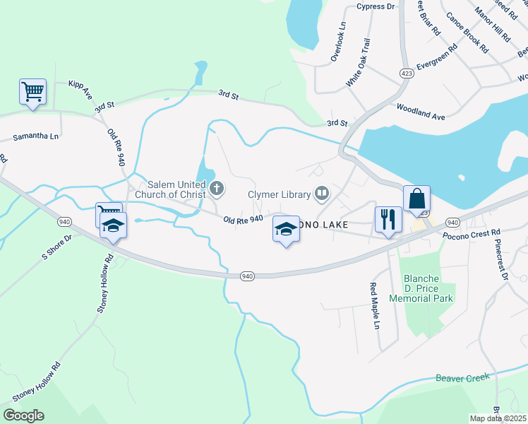 map of restaurants, bars, coffee shops, grocery stores, and more near 202 Fischer Lane in Pocono Pines