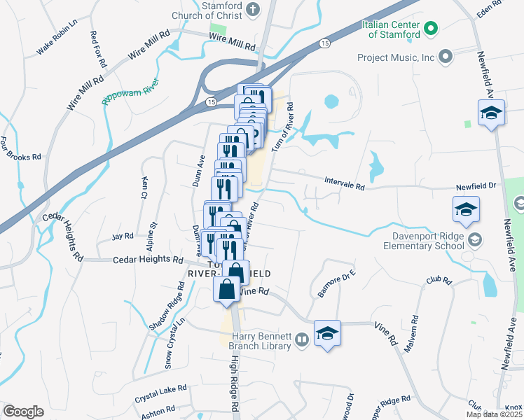 map of restaurants, bars, coffee shops, grocery stores, and more near 101 Turn of River Road in Stamford