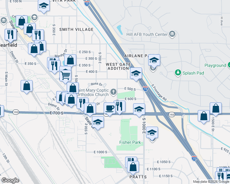 map of restaurants, bars, coffee shops, grocery stores, and more near 542 South 800 East in Clearfield