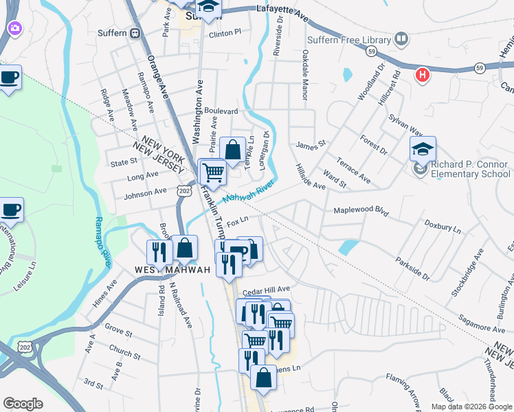 map of restaurants, bars, coffee shops, grocery stores, and more near 25 Interstate Street in Suffern